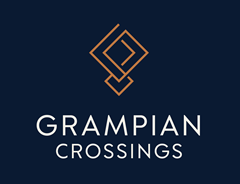 A logo with the text "GRAMPIAN CROSSINGS" in front of a dark blue background.